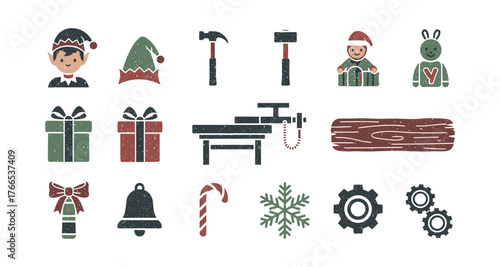 Festive workshop elements with rustic christmas icons and toys