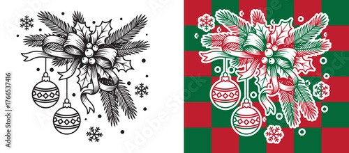 Christmas Bouquet Vector Illustration with Poinsettia Bells and Ornaments in Festive Hand Drawn Style Perfect for Holiday Cards Posters Stickers and Winter Season Graphic Design Projects