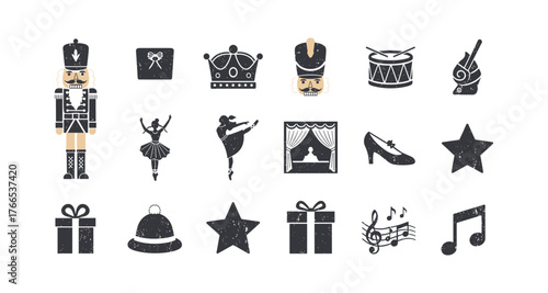 Nutcracker ballet icons: festive retro silhouette collection with theatrical elements