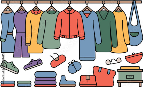 Colorful clothing and accessories displayed on a rack and scattered