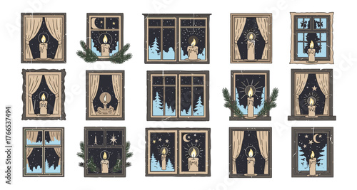 Cozy winter night: candlelit windows with pine branches and snowy skies