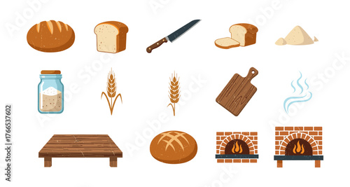Bakery elements set: bread, knife, dough, wheat, rustic board, ovens