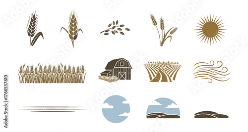 Rustic farm elements with wheat, sun, barn, and fields in vintage style