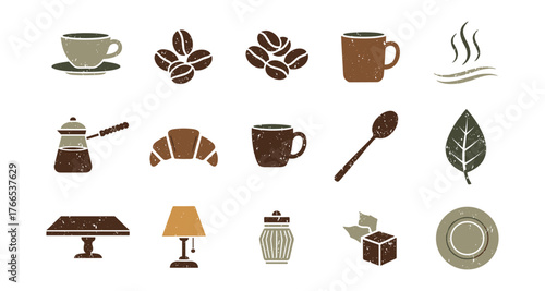 Rustic coffee icons set: cups, beans, mugs, and cozy cafeteria themes
