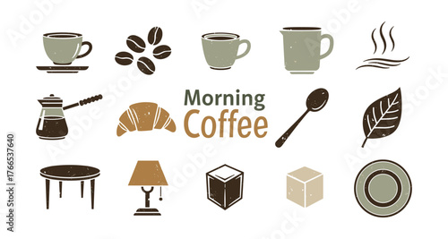 Morning coffee elements set with cups, beans, and accessories in rustic style