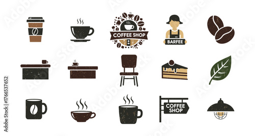 Retro coffee shop elements set with barista and beverage icons