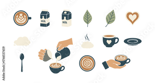 Coffee elements with milk cartons and latte art in flat style