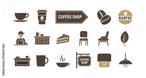 Retro coffee shop icons with barista and beverage elements