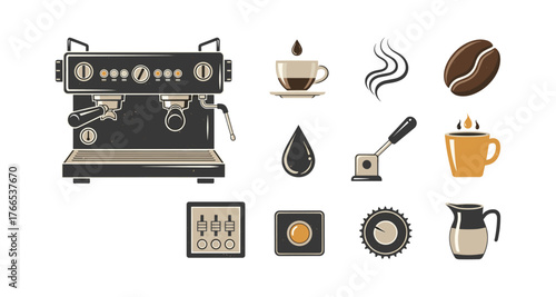 Coffee icons set: espresso machine, cups, beans, and brewing elements in flat design