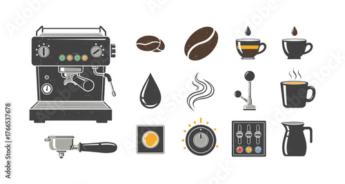 Retro coffee icons with espresso machine and tools in vintage design