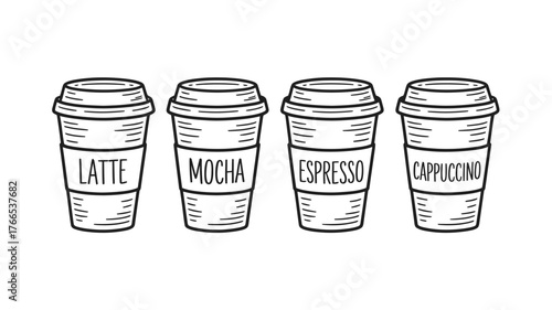 Get your daily caffeine fix with this hand-drawn latte, mocha, espresso, and cappuccino coffee cup collection, perfect for coffee shop branding and menu design