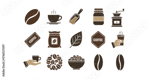 Rustic coffee icons set: cups, beans, and accessories in flat design