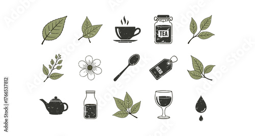 Set of herbal tea icons and elements with leaves, cup, and teapot in vintage style