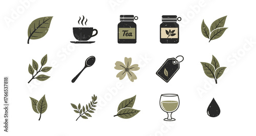 Tea-themed icons collection featuring leaves, teapots, and more in rustic design