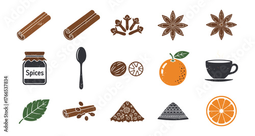 Flat style spice and beverage icons featuring cinnamon, cloves, and hot drink
