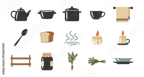 Vintage kitchenware and cozy elements in rustic style for home decor and design