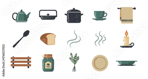 Cozy kitchen elements with rustic cooking utensils and warm home decor