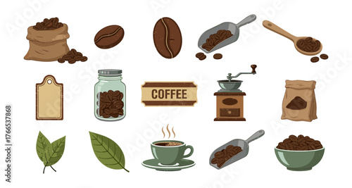 Coffee icons collection: beans, leaves, grinder, and more in flat style