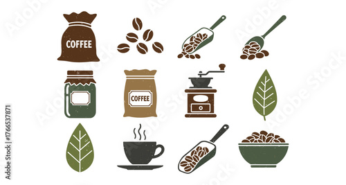 Rustic coffee elements collection with grinders and leaves perfect for cafes