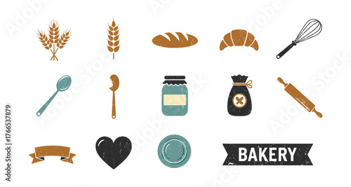 Rustic baking icons set with bread, wheat, jam, and utensils for culinary design
