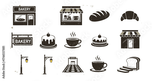 Rustic bakery icons: bread, pastries, and coffee in distressed style