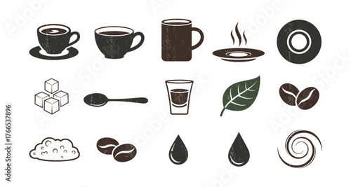 Vintage coffee icons set: cups, beans, leaf, and accessories in rustic style