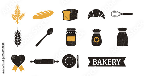 Rustic bakery icons set including bread, wheat, and baking tools in vintage style