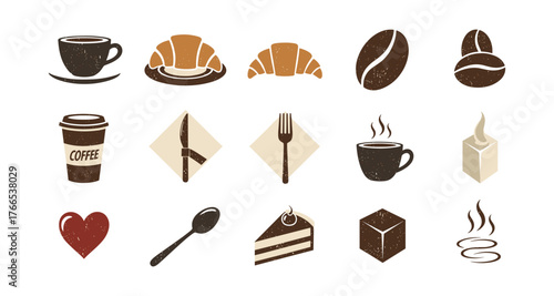 Vintage cafe icons set featuring coffee cups, croissants, beans, and dessert elements