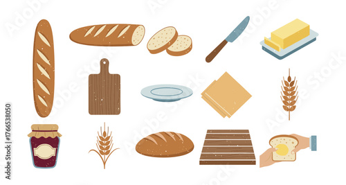 Bakery essentials flat design: bread, butter, and more for your kitchen