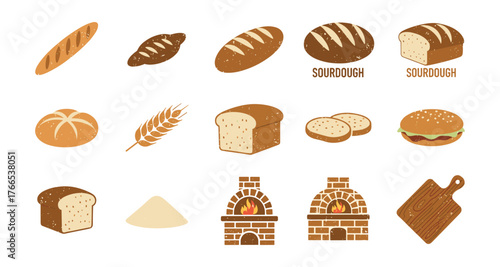 Assorted bread icons with rustic oven and grain elements