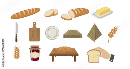 Assorted bread and baking elements with butter and cutting tools in a flat design