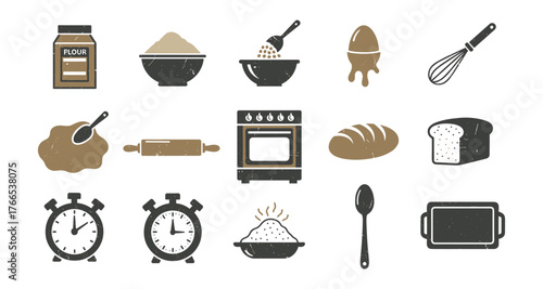 Rustic baking icons set with oven, bread, whisk, and timer in flat style