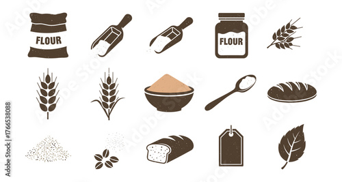 Rustic baking ingredients and tools set with flour, wheat, and bread icons