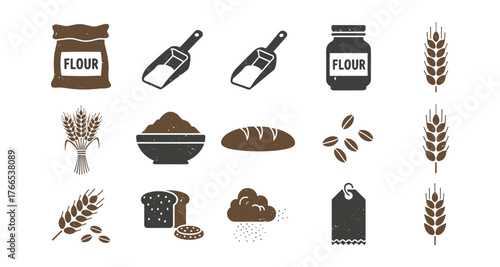 Rustic bakery icons set: flour, wheat, and bread elements in vintage style
