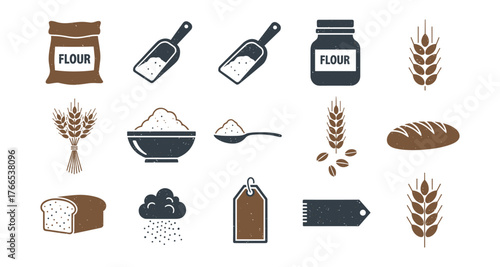 Rustic baking icons featuring flour, wheat, and bread in a minimalist style