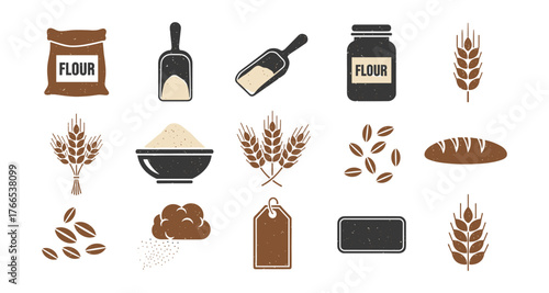 Rustic grain icons set featuring wheat, flour bags, and baking elements