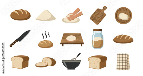 Baking essentials: simple bread making icons in flat style