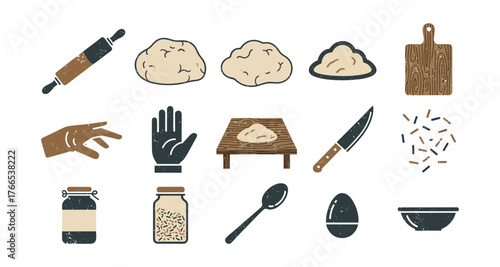 Handcrafted baking icons featuring dough, hands, and utensils in vintage style