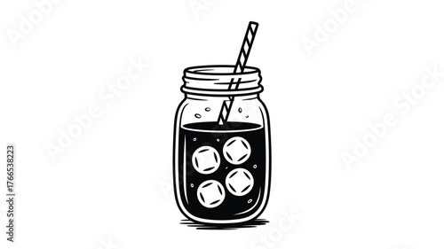 Refreshing iced drink in a classic mason jar with straw and ice cubes perfect for summer refreshment and beverage marketing