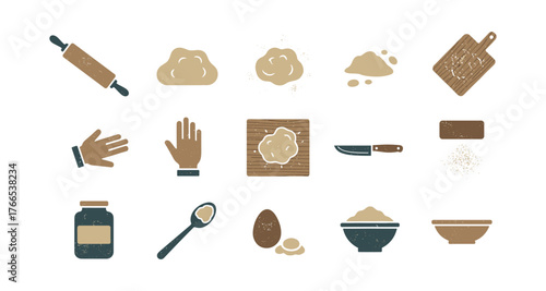Baking essentials icons set featuring ingredients and utensils in rustic style