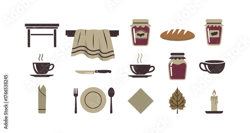 Rustic kitchenware and food elements in vintage grunge flat design set