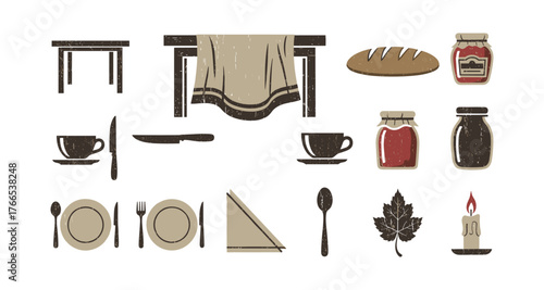 Rustic dining essentials with vintage style: tableware, cutlery, and kitchen accents
