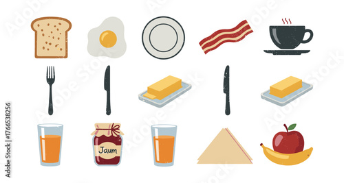 Breakfast essentials: toast, bacon, eggs, and more in modern flat style