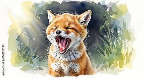 Adorable Fox Cub Yawning in a Watercolor Style Illustration.