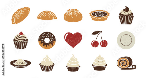 Rustic bakery icons: cupcakes, donuts, pastries, and desserts in flat style