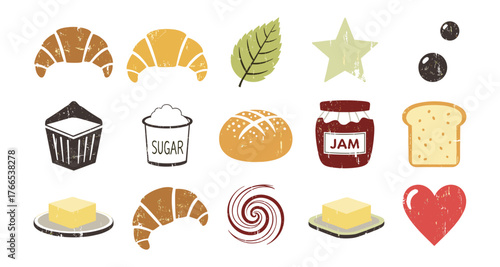 Rustic bakery elements with bread, jam, and butter in vintage style