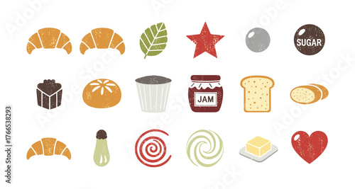 Rustic breakfast elements: bakery and spread icons for cafe menus