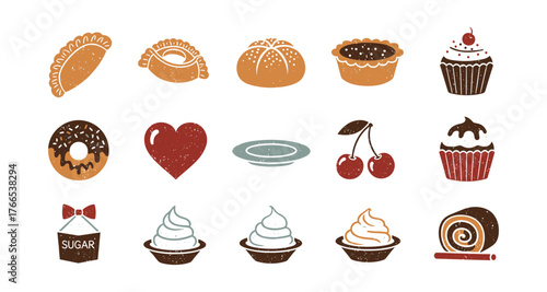 Rustic bakery collection: sweet and savory pastry icons with vintage charm