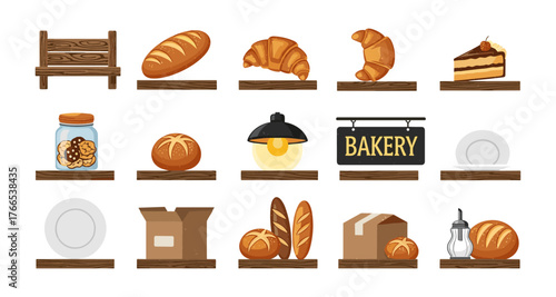 “bakery shelf assortment with bread, pastries, and packaging in flat design”