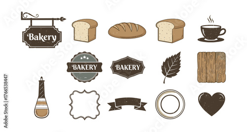 Vintage bakery icons set with rustic bread, coffee, and labels